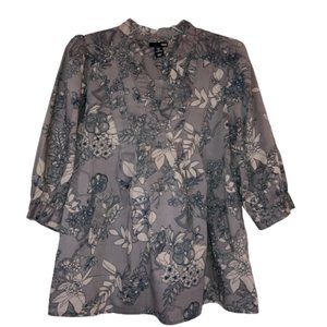 H&M Womens Organic Cotton 3/4 Puff Sleeve Grey Floral Blouse Size 4